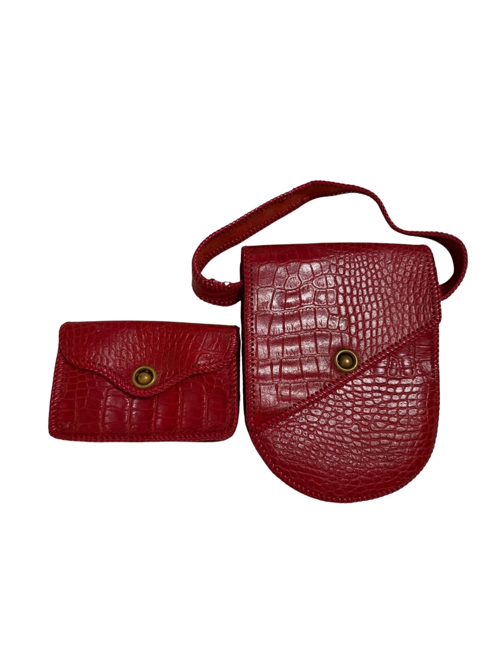 Vintage Red Crocodile Embossed Leather Crossbody Bag with Matching Wallet